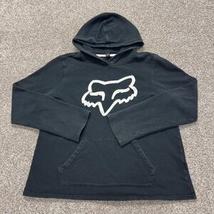 Fox Hoodie Mens Large Black Fleece Pullover Fox Head Graphic Logo Sweatshirt